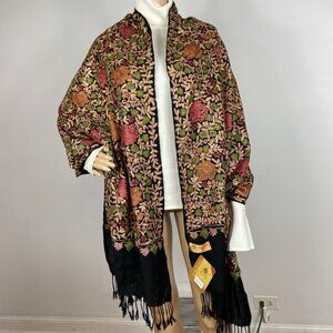 NWT Kitty Shawls 78 x 28 Heavily Embroidered Wool Scarf Fringe Crewel Vtg Look
